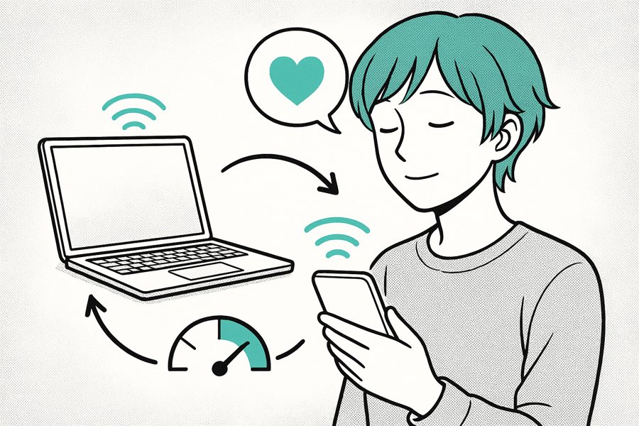 Illustrazione del ciclo di Nagi in tre passi: a sinistra i piccoli segnali di lavoro che restano sul dispositivo, al centro un indicatore teal che li trasforma in un indice astratto, a destra il personaggio Nagi dai capelli teal che lascia con discrezione un breve messaggio di aiuto — segnali locali, indici, intervento discreto.