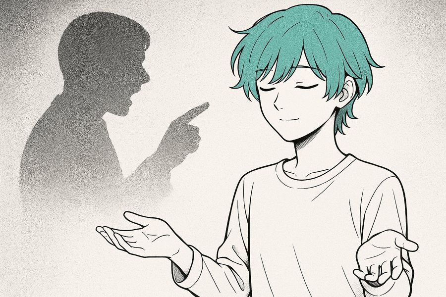 Illustrazione di cosa Nagi NON fa: il personaggio Nagi dai capelli teal sta calmo con le mani aperte, mentre alle sue spalle l'ombra di un genitore o di un capo che punta il dito accusatore si dissolve — Nagi affianca, non assilla e non controlla.