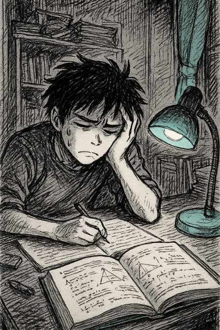 Pannello manga in bianco e nero, tratto grezzo e nervoso: uno studente adolescente di sera alla scrivania di casa apre svogliato il libro di matematica, lampada accesa, sveglia che segna le nove di sera.