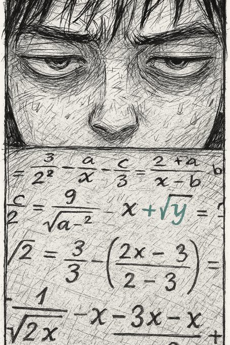 Pannello manga in bianco e nero, linee cariche: primo piano dello studente accigliato che fissa la stessa formula sul libro, sopracciglia strette, sguardo vuoto — l'ha riletta sei volte e non entra.