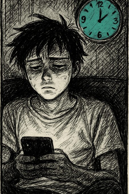 Pannello manga in bianco e nero, retini scuri: lo studente sdraiato scrolla lo smartphone al buio, la luce dello schermo sul viso, il libro abbandonato di lato, l'orologio segna le 23:40.