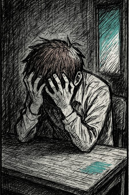Pannello manga in bianco e nero, tratto pesante e ombre fitte: lo studente crollato sulla scrivania a testa bassa, schiacciato dal peso della vergogna e del cervello in tilt, non della pigrizia.