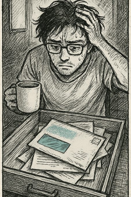 Pannello manga in bianco e nero, tratto grezzo: un adulto in cucina di mattina guarda una busta ufficiale posata sul tavolo, la pratica dell'affitto rimandata da tre settimane, tazza di caffè accanto.