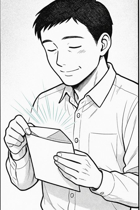 Pannello manga dal tratto disteso e ordinato: la persona apre la busta e inizia a leggere con sollievo, i cinque minuti diventano venti, la tensione svanita.