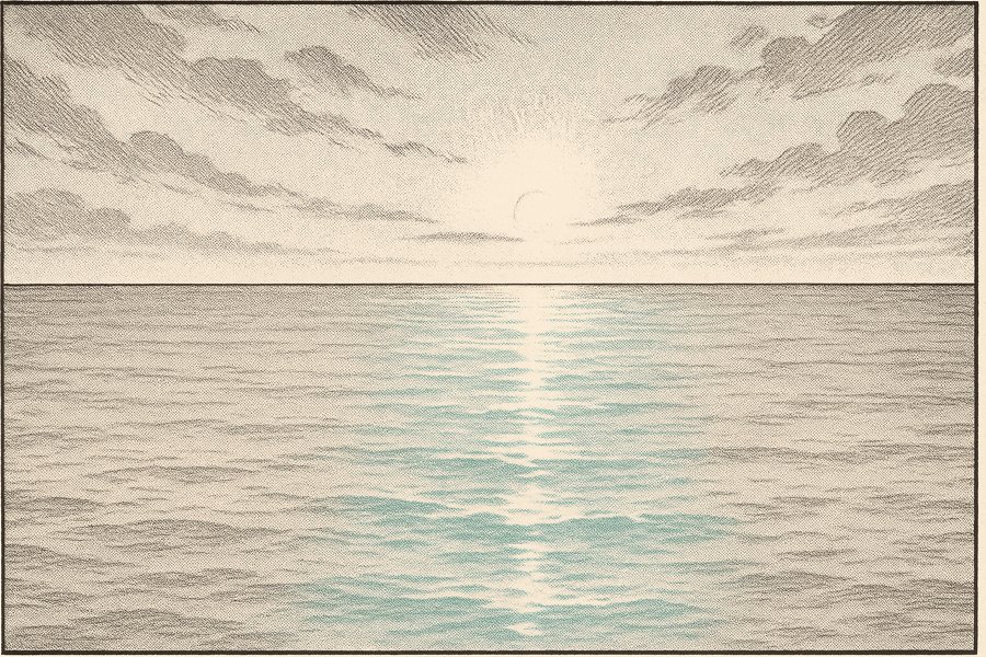 Illustrazione manga di un mare calmo all'alba, il significato della parola giapponese «nagi»: acqua ferma e distesa, una scia di luce teal sull'acqua, la quiete che torna dopo la tempesta — l'immagine che dà il nome e lo spirito al progetto.