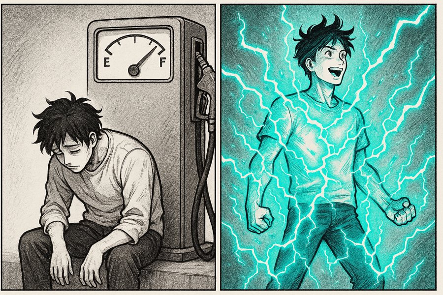 Illustrazione manga simbolica: a sinistra una figura affaticata accanto a una pompa di benzina con la spia del carburante a zero; a destra la stessa figura carica di energia, avvolta da archi elettrici color teal — la metafora di chi funziona a elettricità, non a benzina.