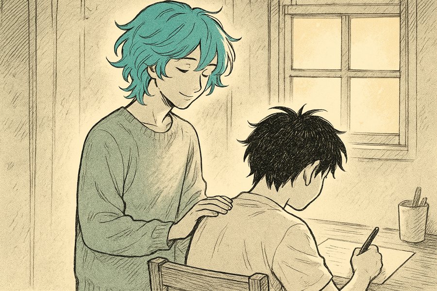 Illustrazione manga del personaggio Nagi, dai capelli teal, in piedi con discrezione accanto a una persona alla scrivania: una presenza calma e amichevole, pronta a darti una mano.