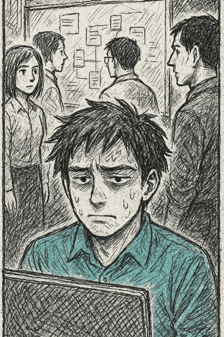 Pannello manga in bianco e nero, tratto grezzo: uno sviluppatore, Marco, teso davanti al monitor bloccato sullo stesso ticket da due giorni; in uno stand-up con colleghi minimizza dicendo «ci sto lavorando».