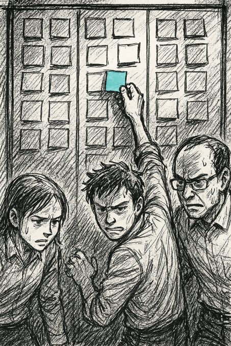 Pannello manga in bianco e nero, linee cariche di tensione: la board del progetto con il ticket che slitta, Marco isolato e frustrato, lo sprint che si ingolfa mentre nessuno si accorge del blocco.