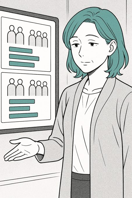 Pannello manga dal tratto ordinato: Nagi mostra a chi supervisiona solo grafici a cluster aggregati e anonimi, nessun volto o nome riconoscibile — l'azienda vede le coorti, mai le persone, garantito dal database.